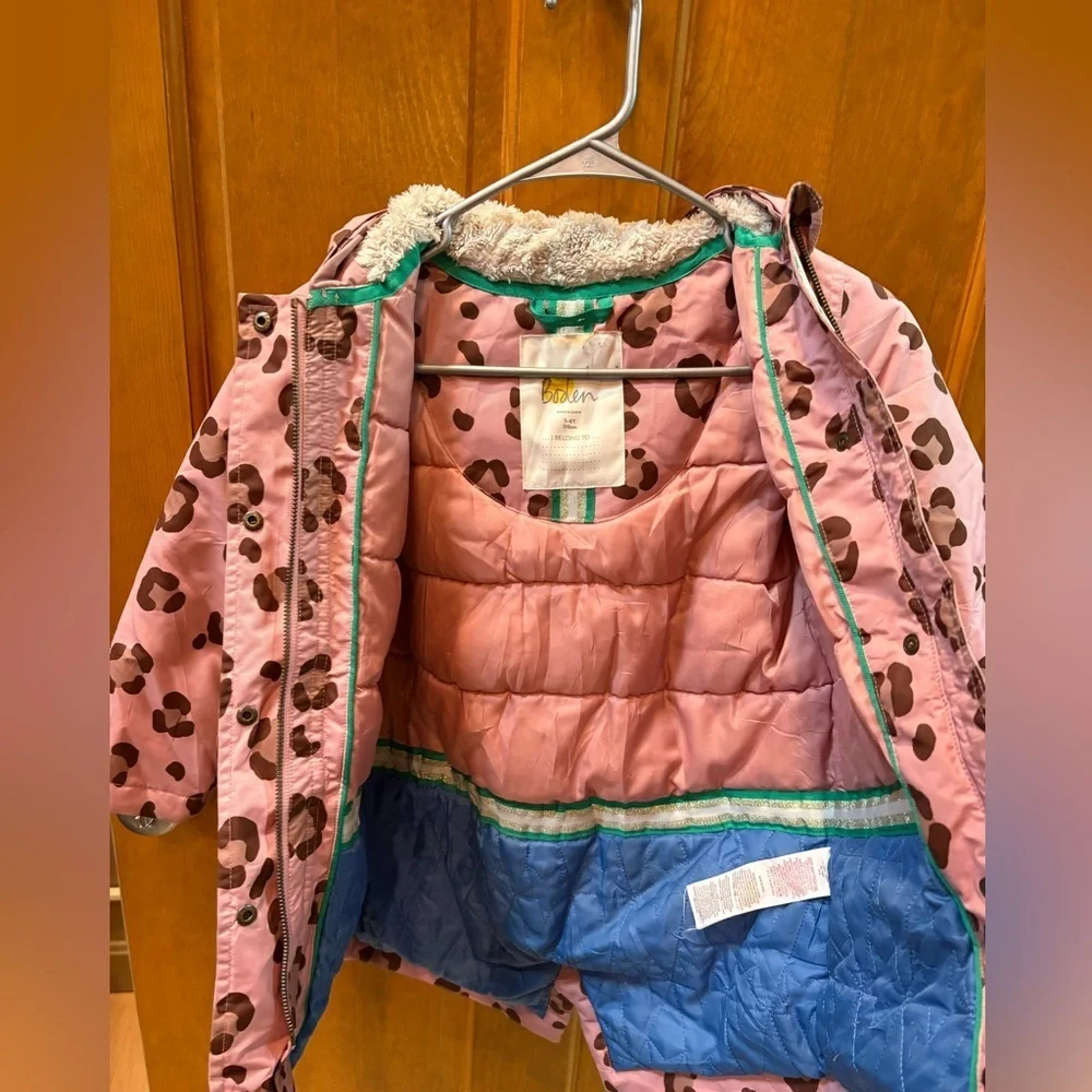 Mini Boden Pink Animal Print Waterproof Parka Size 5-6y
